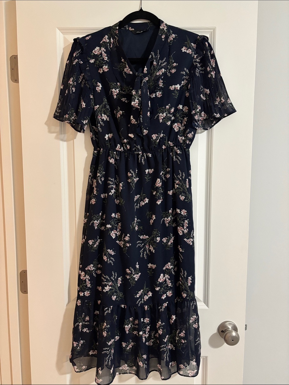 Women's Navy Floral Midi Dress with Ruffle Hem